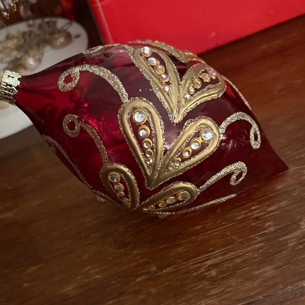 Holiday Glass Teardrop Ornament in Red with Gold Accents